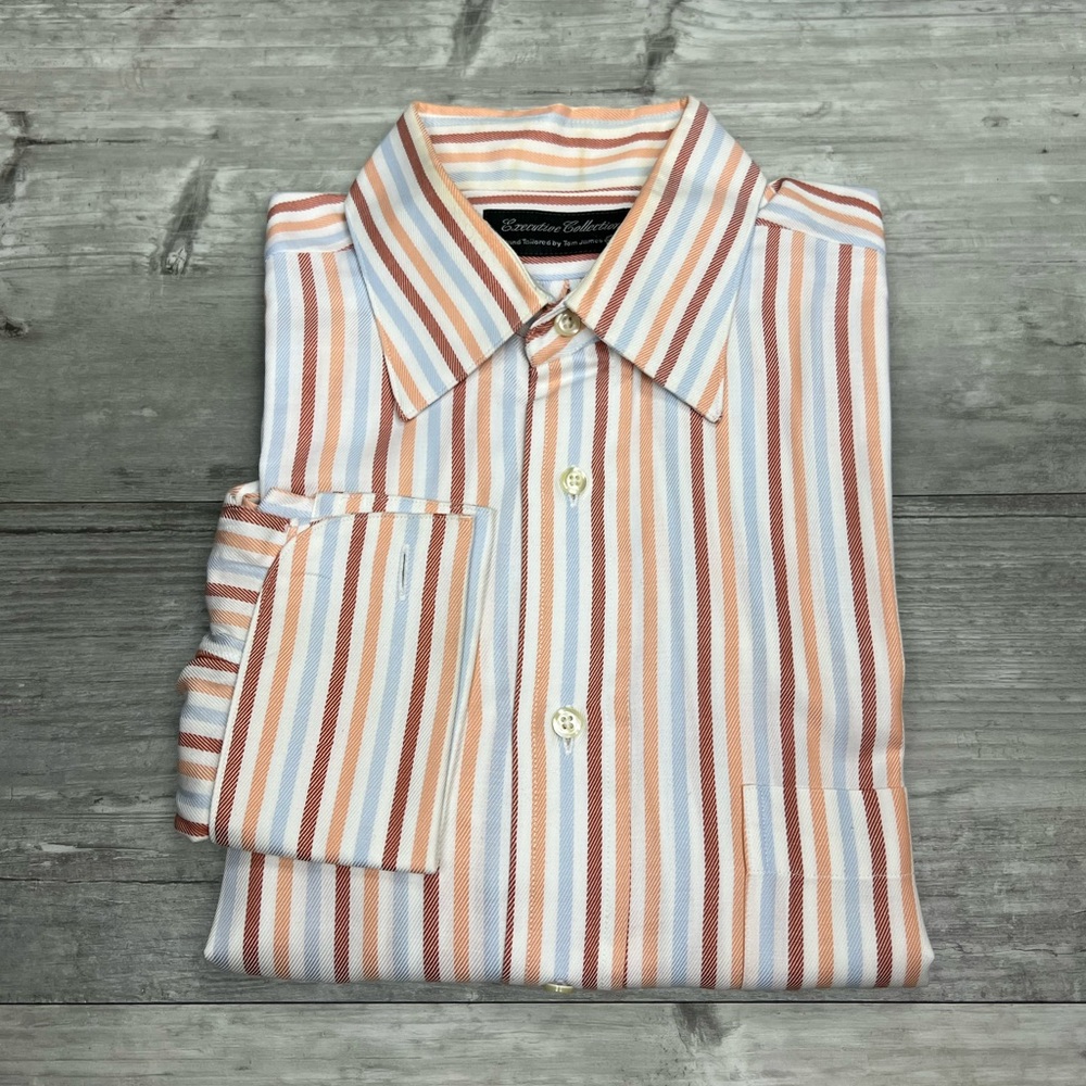 Tom James White, Orange & Blue Stripe French Cuff Shirt 15.5 34/35